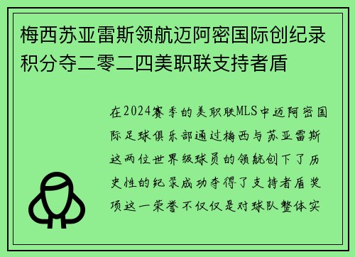 梅西苏亚雷斯领航迈阿密国际创纪录积分夺二零二四美职联支持者盾 梅西苏亚雷斯领航迈阿密国际创纪录积分夺二零二四美职联支持者盾